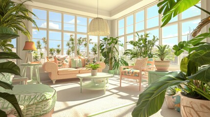 Fototapeta premium Sunlit Oasis: Vibrant Sunroom with Retro Furniture and Colorful Plants for Relaxation and Creativity | 3D Rendered Ultra-Detailed Illustration