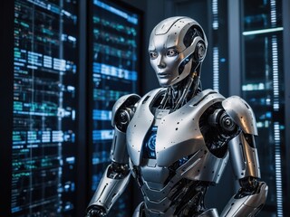 Fototapeta premium A humanoid robot with a metallic finish, processing complex data on interactive screens in a futuristic data center, surrounded by AI interfaces and computing technology