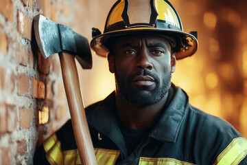 A fireman stands with an axe, exuding strength and readiness, amidst an intense background of flames and smoke
