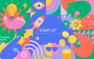 Bright concept of startup, Solutions for business,creating or investing in startup, crowd funding. Buy or sell product, service launch, startup, development. Vector for web, banner,flyer,social media.