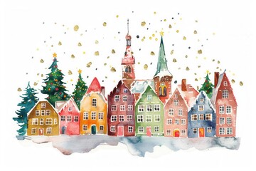 Obraz premium Watercolor painting of a festive old town with historic buildings, Christmas decor, and a central pine tree..