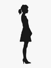 Woman is standing in a dress and wearing high heels. She is wearing a ponytail and has a purse