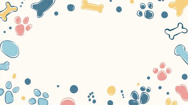 Colorful and fun doodle border showcasing dog toys, bones, and paw prints, providing space for custom text. Perfect for pet-themed events. Generative AI