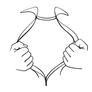 Superhero style shirt reveal with two hands tearing open a shirt showing a blank space for text in line art vector style