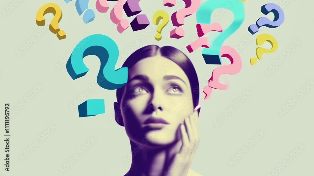Poster Pensive woman pondering a solution with colorful question marks hovering above, symbolizing curiosity, problem solving, and the search for answers