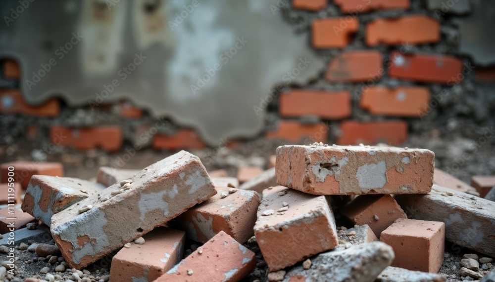 Fototapete pile of old broken bricks on ground. construction site demolition. rusty bricks in different shapes,