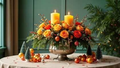 Festive floral arrangement for Christmas. Beautiful bouquet of orange, red roses with green plants, berries. Decorative ornaments, candles included in composition. Small Christmas trees add charming