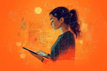 Woman studies math problems on tablet. Abstract shapes, formulas surround. Mental process, learning concept. Contemporary art style. Educational psychology. Modern tech tools. Learning by following