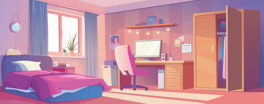 Girl bedroom interior background for banner design. Empty teenage room with bed, computer on table and chair, garland and pictures, bookshelf, wardrobe cabinet, window. Vector cartoon illustration