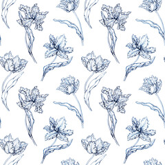 Seamless pattern in Toile de Jouy fabric style with blue tulip flowers. Hand drawn monochrome watercolor painting illustration isolated on white background