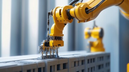 Robotic arms assembling components in a modern industrial setting.