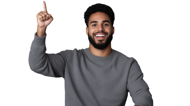 Smiling man raising finger in excitement on transparent background