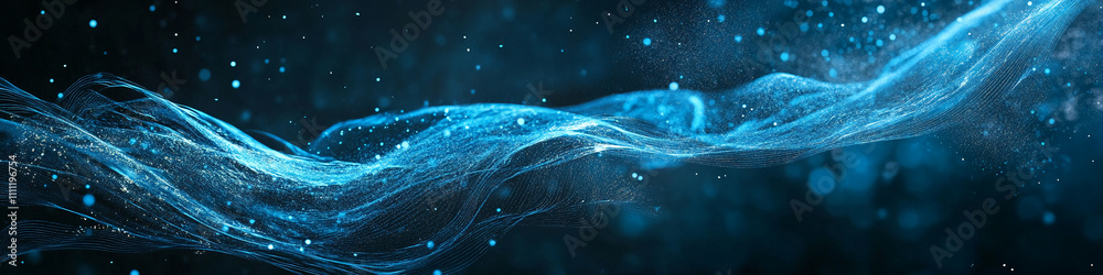 Poster Dynamic blue waves of light create an ethereal atmosphere in a dark setting with subtle particles floating