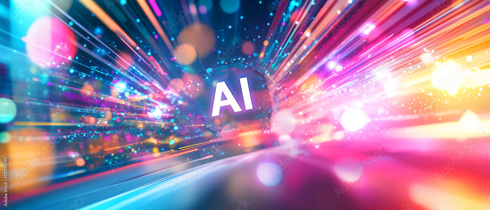 Poster Dynamic burst of colors and light showcasing the concept of artificial intelligence with the letters AI prominently featured