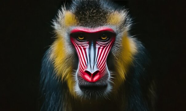 A mandrill with striking facial colors staring directly into the camera, surrounded by a dark background - Powered by Adobe