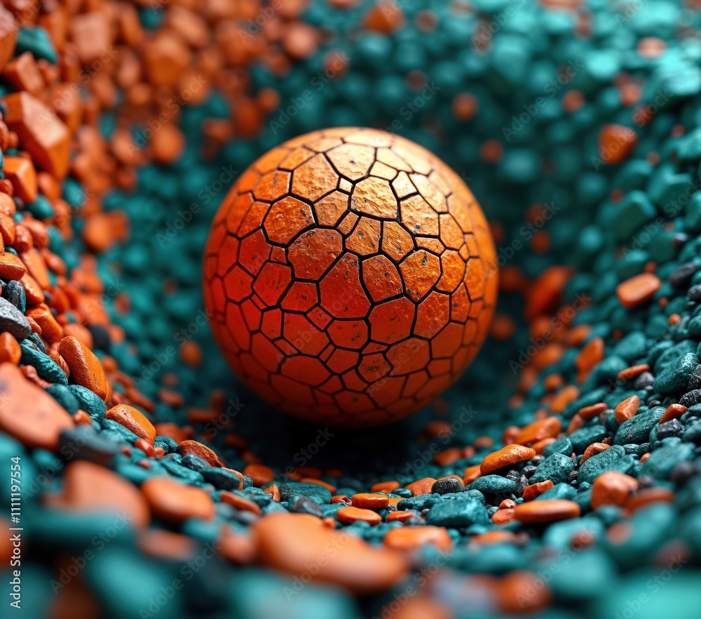 Leinwandbilder Abstract colorful sphere in spiral textured array of orange, teal stones. Geometric shapes form sphere. Design features textured sphere. Eye-catching vibrant colors. Creative abstract patterns.