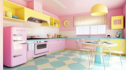 Vibrant Retro Kitchen Scene with Playful DÃ©cor and Colorful Dishware for Cooking and Socializing | Ultra-Detailed Photorealistic Image