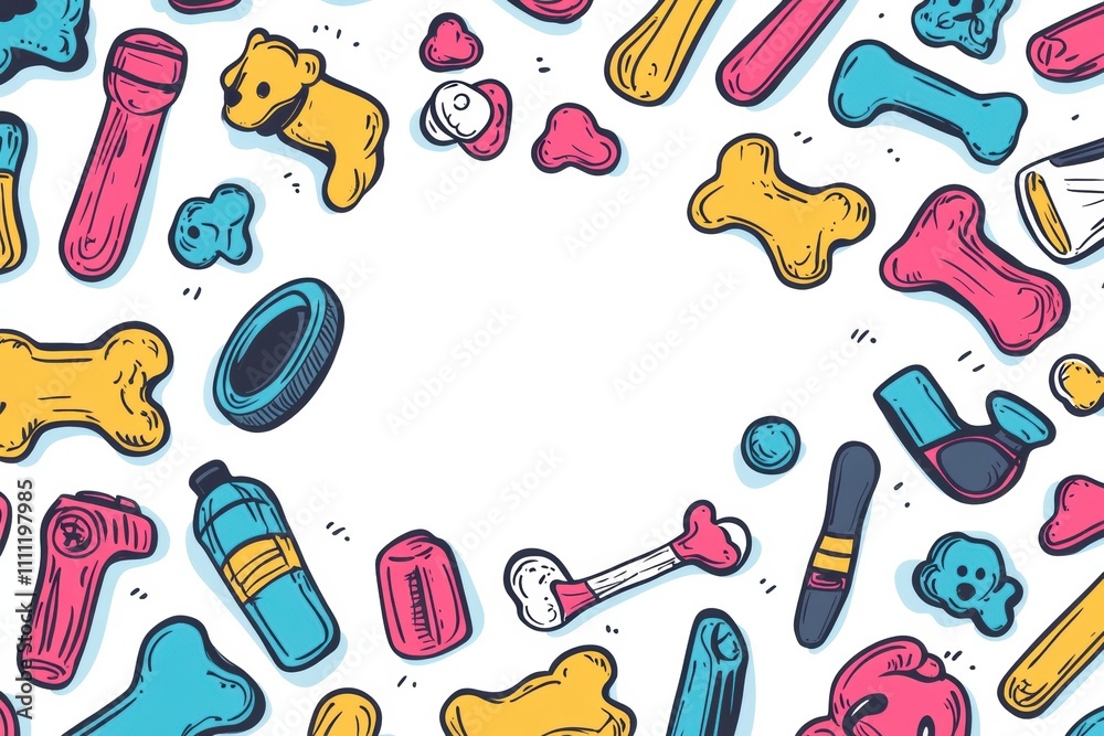 Aufkleber doodle-style representation of assorted dog toys, treats, and bones arranged playfully on a white ba