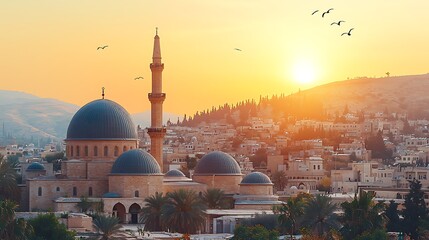 Fototapeta premium Sunrise over a city with a mosque, featuring golden light, birds in flight, and a mountain backdrop.