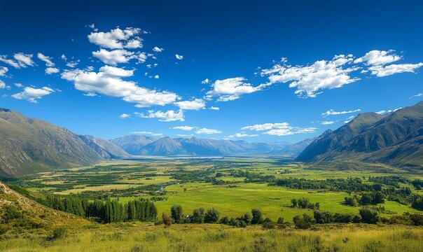 A panoramic view of a vast green valley with distant mountains under a clear blue sky and scattered clouds