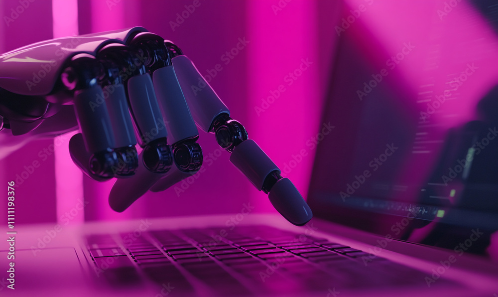 Poster robotic hand interacting with a laptop in a neon-lit workspace during evening hours