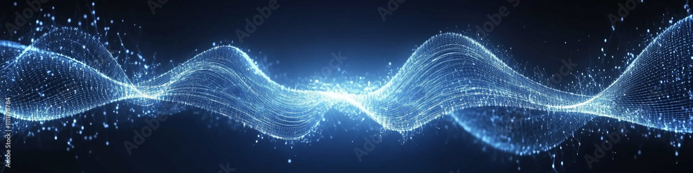 Aufkleber Dynamic abstract wave pattern with glowing blue particles creating a mesmerizing visual effect in a dark background