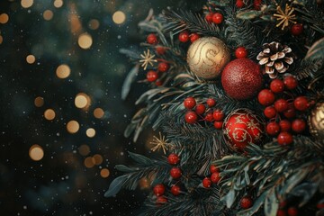 Festive christmas tree decorations with ornaments and pinecones for holiday cheer