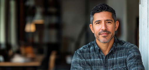 Obraz premium A casual man with gray-streaked hair and a calm expression, dressed in a comfortable plaid shirt