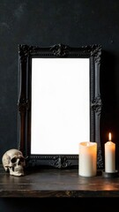 Black ornate photo frame mockup with candles and a human skull on a wooden surface against a dark background, creating a gothic and moody atmosphere