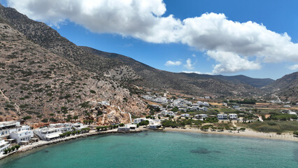Fototapeta premium Aerial drone photo of famous port and small picturesque seaside village of Kamares, Sifnos island, Cyclades, Greece