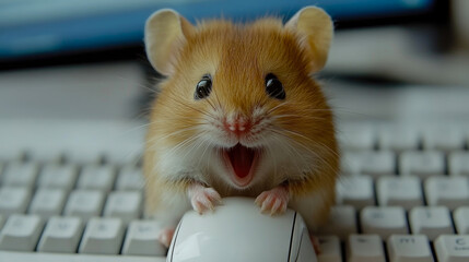 A cheerful hamster engages with a computer mouse and keyboard, creating a lighthearted moment in a warm, inviting indoor environment