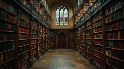 Rows of wooden shelves filled with books create a serene study area under beautiful stained glass windows, inviting quiet reflection