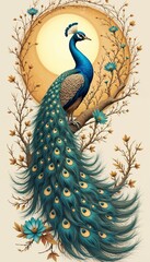 Naklejka premium Peacock with golden celestial backdrop