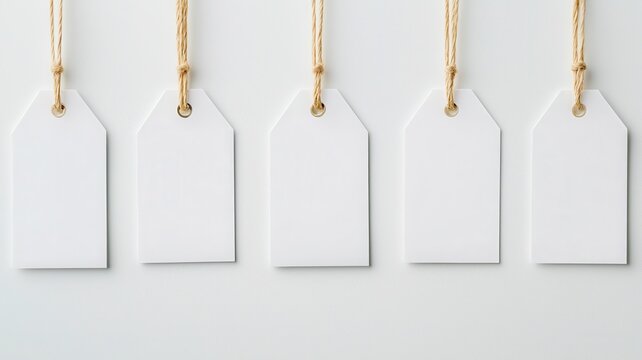 Five blank, white tags with string hangers arranged neatly on a soft background, ideal for labeling or crafting purposes.