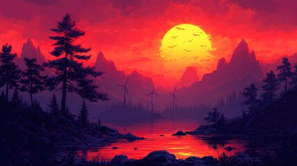 Majestic sunset illuminating a tranquil lake surrounded by mountains and wind turbines, creating a beautiful silhouette against a colorful sky
