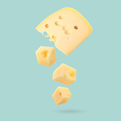Piece of fresh cheese falling on light blue background