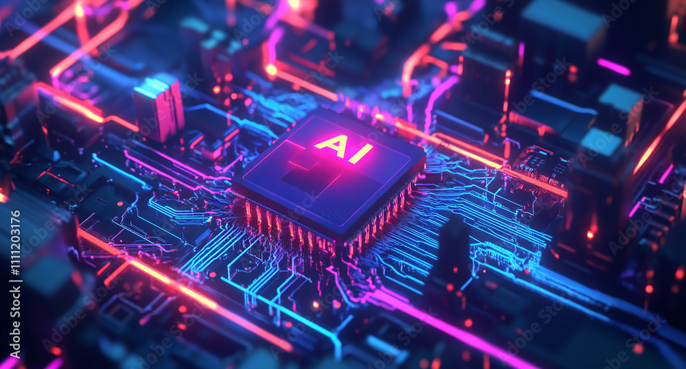 Poster circuit board with vibrant neon lights showcasing an ai chip in a futuristic setting