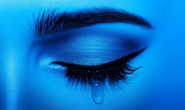 Closed eyes with black eyelashes and tears on blue background.