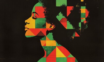 Black Afro-American woman's silhouette in profile with red, green, yellow geometrical elements against a black background, representing Black History Month. Retro collage symbolizing the rich history