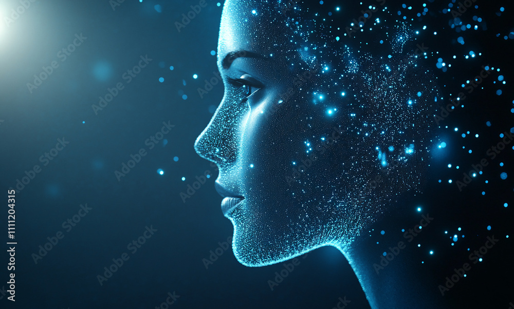 Poster digital art of a womanâ€™s profile with glowing particles emphasizing her features in a dark, cosmic