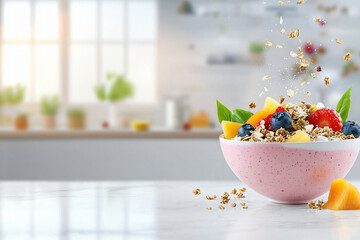 a colorful smoothie bowl garnished with tropical fruits and granola, set against a clean, modern kitchen background