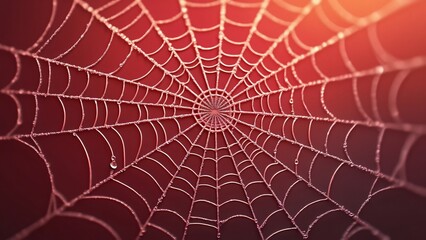 Fototapeta premium Intricate Spiderweb with Morning Dew on Red Background