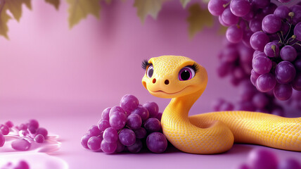 Fototapeta premium cute yellow snake with big eyes, grapes nearby, purple wallpaper