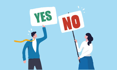 Yes, No argument or disagreement, conflict fight debate, dilemma, dispute or office rivalry war, struggle, negative discussion concept, businessman and woman arguing or fight with yes and no sign. 