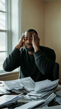 Stressful workday at home with papers and bills scattered on the table during afternoon hours