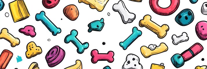 A whimsical arrangement of doodle-style dog toys, treats, and bones scattered across a clean white background, ideal for adding text. Generative AI