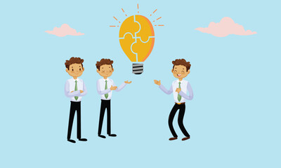 Idea brainstorming, cooperation or collaboration to get solution, teamwork or team meeting to develop idea together, employee participation concept, business people connect lightbulb jigsaw puzzle.