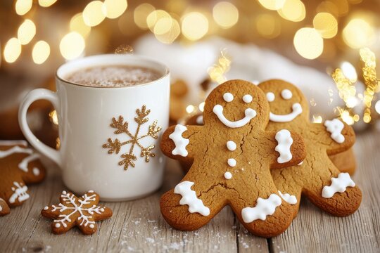 Weihnachtliche Lebkuchensterne auf Holzbrett Festliche Dekoration Tasse mit Weihnachtsmotiv Warme Lichter Bokeh Gem&uuml;tliche Weihnachtsatmosph&auml;re Backideen f&uuml;r die Adventszeit Elegantes Food-Design