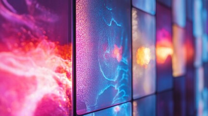 Naklejka premium A vibrant display of illuminated panels showcasing abstract patterns and colors.