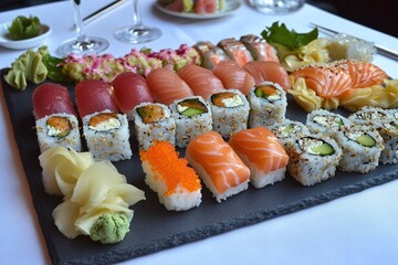 Fresh sushi platter with assorted rolls served on a slate plate.